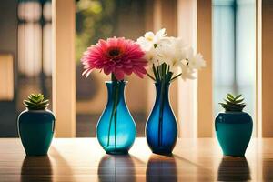 three blue vases with flowers on a table. AI-Generated photo