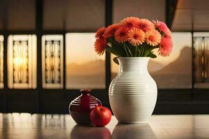 un florero con flores y un manzana en un mesa. generado por ai foto