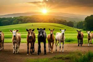 un grupo de caballos en pie en un campo a puesta de sol. generado por ai foto