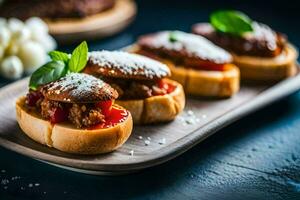 small sandwiches with meat and cheese on a wooden tray. AI-Generated photo