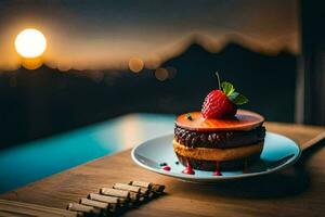 a dessert on a plate with a view of the sunset. AI-Generated photo