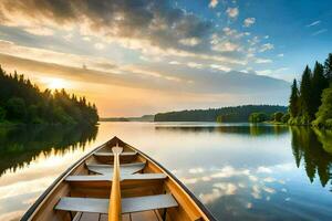 un canoa es flotante en el calma aguas de un lago. generado por ai foto