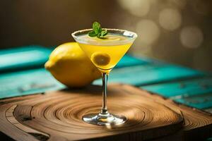 a cocktail with lemon and mint on a wooden board. AI-Generated photo