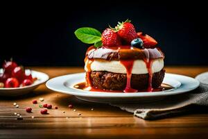 un postre con fresas y crema en un lámina. generado por ai foto