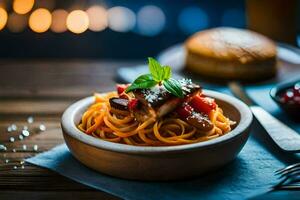 spaghetti with meat and vegetables in a bowl. AI-Generated photo