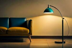 a lamp is sitting on a couch in front of a yellow chair. AI-Generated photo