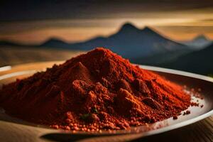 a bowl of red chili powder on a wooden table. AI-Generated photo