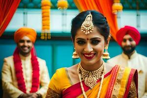 a beautiful indian bride in a traditional sari. AI-Generated photo