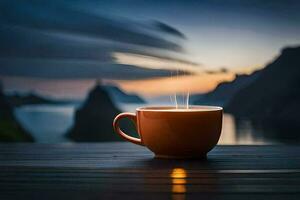 coffee cup on the table, the sea, mountains, sunrise, the sea, the sea. AI-Generated photo