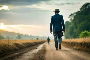 a man in a suit and hat walking down a dirt road. AI-Generated photo