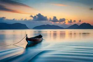 un barco es flotante en el agua a puesta de sol. generado por ai foto