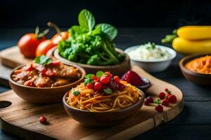 a wooden table with bowls of food and vegetables. AI-Generated photo
