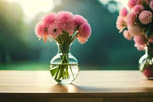 pink flowers in a vase on a table. AI-Generated photo