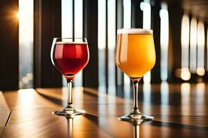 two glasses of wine and beer on a table. AI-Generated photo