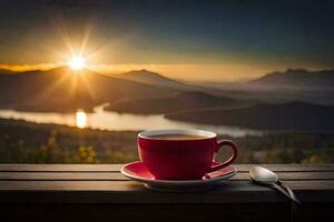 a cup of coffee on a wooden table overlooking a lake and mountains. AI-Generated photo