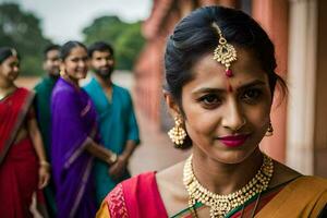 un mujer en un sari con su familia. generado por ai foto