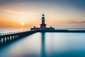 a long exposure photograph of a lighthouse at sunset. AI-Generated photo