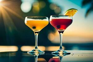 two cocktails sit on a table with the sun in the background. AI-Generated photo