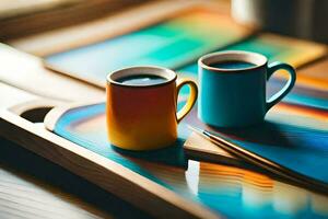 two coffee cups on a tray. AI-Generated photo