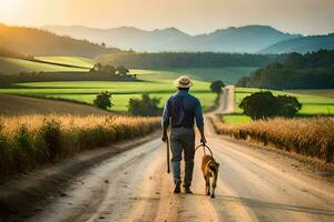 un hombre caminando su perro abajo un suciedad la carretera. generado por ai foto