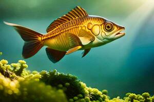 un pescado nadando en el agua con verde plantas. generado por ai foto