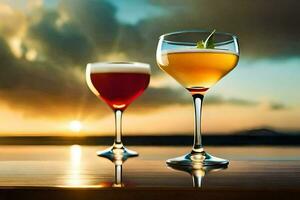 two glasses of alcohol on a table with sunset in the background. AI-Generated photo