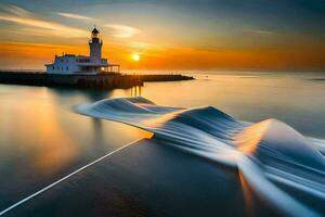 a lighthouse is seen in the sunset with waves crashing into it. AI-Generated photo