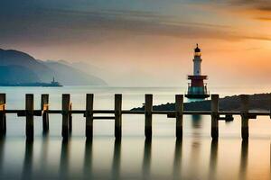 foto fondo de pantalla el cielo, luz, faro, el mar, el océano, el cielo, el. generado por ai