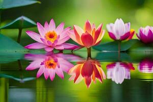 three pink lotus flowers are reflected in the water. AI-Generated photo