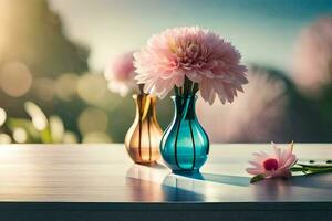 two vases with pink flowers on a table. AI-Generated photo