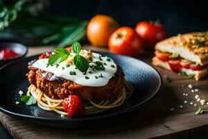 the food is served on a plate with a knife and fork. AI-Generated photo