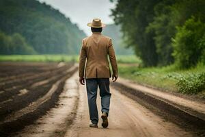 un hombre en un sombrero y chaqueta caminando abajo un suciedad la carretera. generado por ai foto