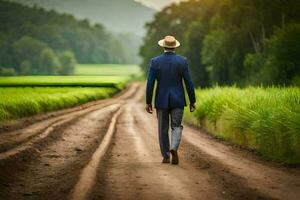 a man in a suit and hat walks down a dirt road. AI-Generated photo