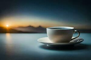 a cup of coffee on a table with a view of the sunset. AI-Generated photo