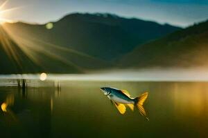 un pescado es nadando en el agua a puesta de sol. generado por ai foto