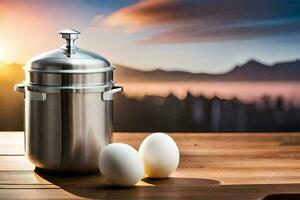 eggs on a table with a stainless steel pot. AI-Generated photo