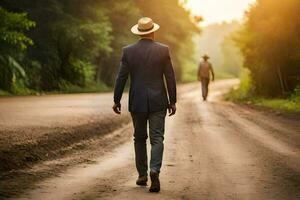 un hombre en un traje y sombrero caminando abajo un suciedad la carretera. generado por ai foto