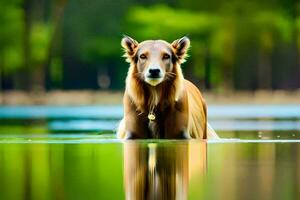 a dog is standing in the water with its head down. AI-Generated photo