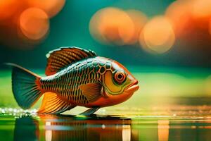 un pescado es en pie en el agua con un borroso antecedentes. generado por ai foto