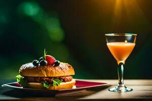 a burger and a glass of juice on a wooden table. AI-Generated photo