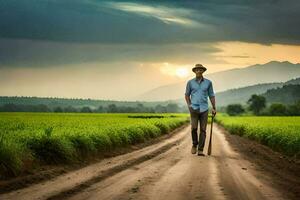 a man walking down a dirt road with a hat and cane. AI-Generated photo