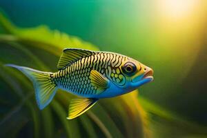 a fish swimming in the water with green plants. AI-Generated photo