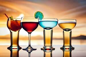 four glasses of different colored drinks on a table. AI-Generated photo