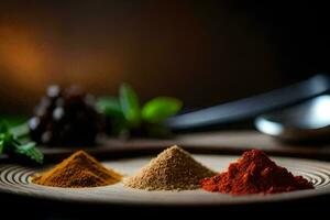 three different spices on a wooden plate. AI-Generated photo