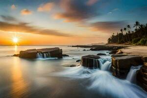 the sun sets over the ocean and rocks at the beach. AI-Generated photo