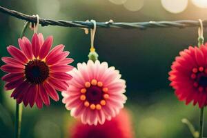 pink flowers hanging from a wire. AI-Generated photo