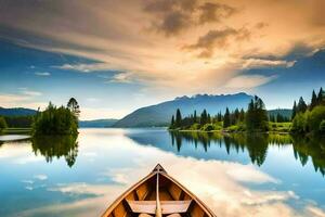 a boat on the calm lake with mountains in the background. AI-Generated photo