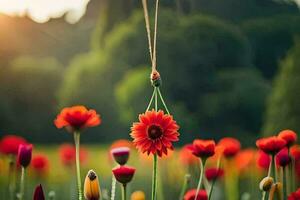 red flowers in a field with a rope hanging from it. AI-Generated photo