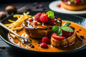 un plato con un postre coronado con fresas y jarabe. generado por ai foto