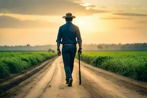 un hombre caminando abajo un suciedad la carretera con un caña. generado por ai foto